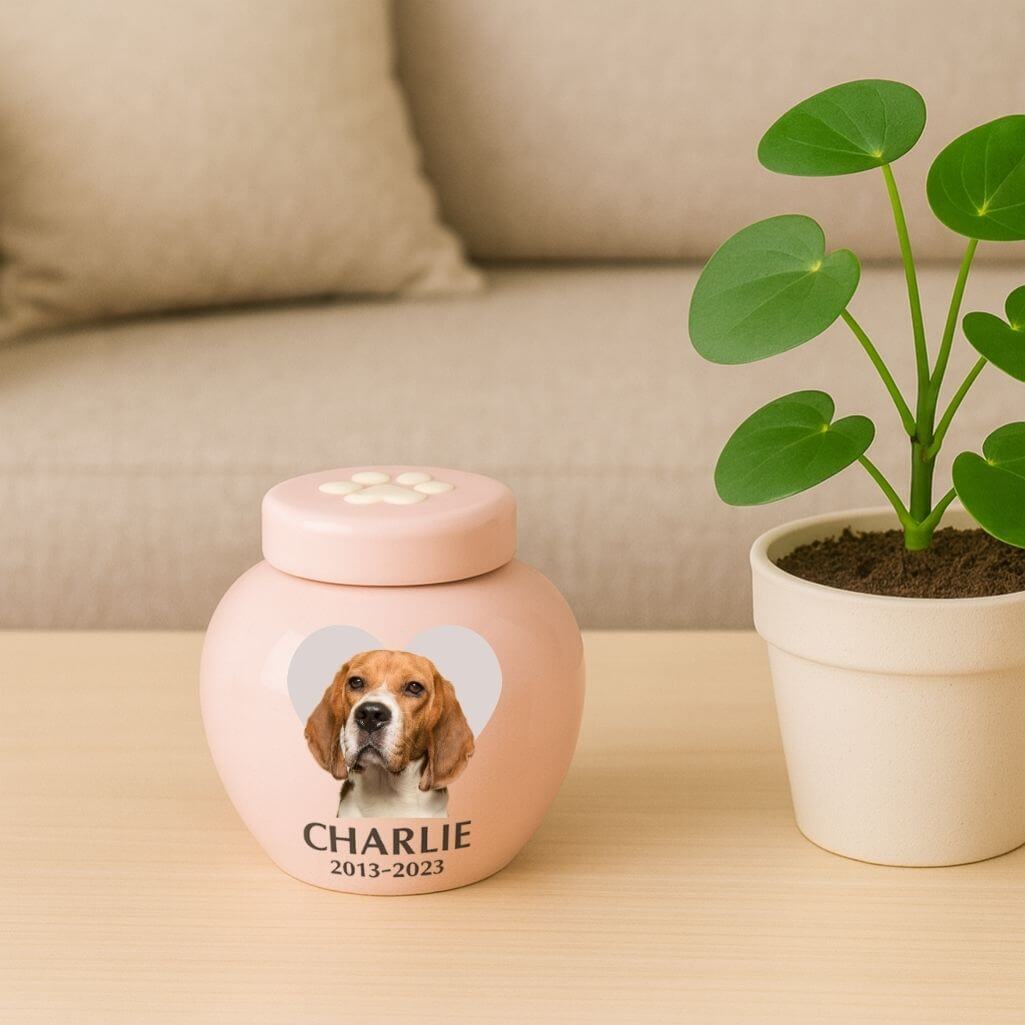 Personalizowana ceramiczna urna dla psa ze zdjęciem – Urna do kremacji zwierząt domowych z imieniem, datami i sercem
