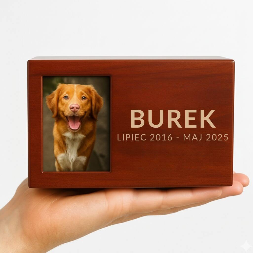 Personalizowana drewniana urna dla psa ze zdjęciem – Wygrawerowana urna na prochy z imieniem i datami
