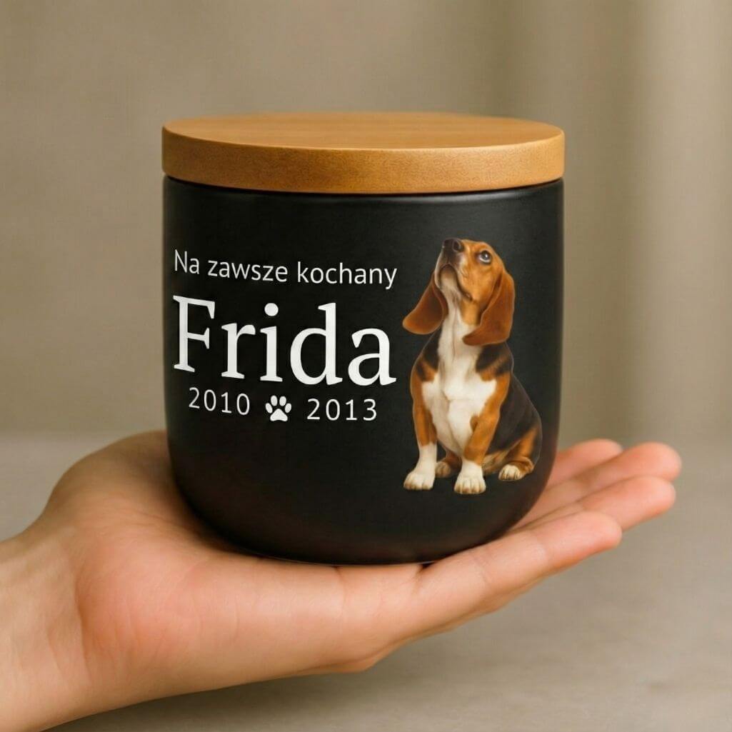 Personalizowana ceramiczna urna dla psa ze zdjęciem – Urna do kremacji zwierząt domowych z imieniem, datami i dedykacją