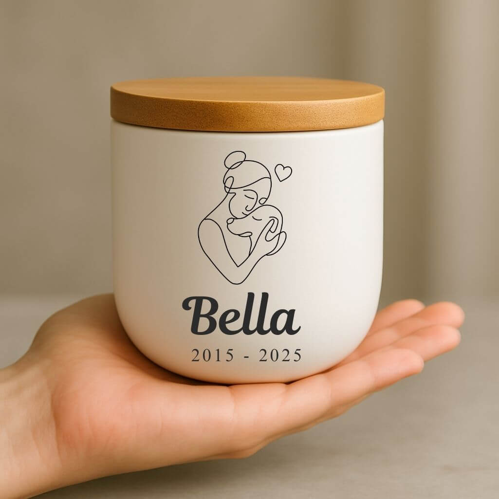 Personalizowana ceramiczna urna dla psa z ilustracją kobiety i psa – Urna do kremacji zwierząt domowych z imieniem i datami