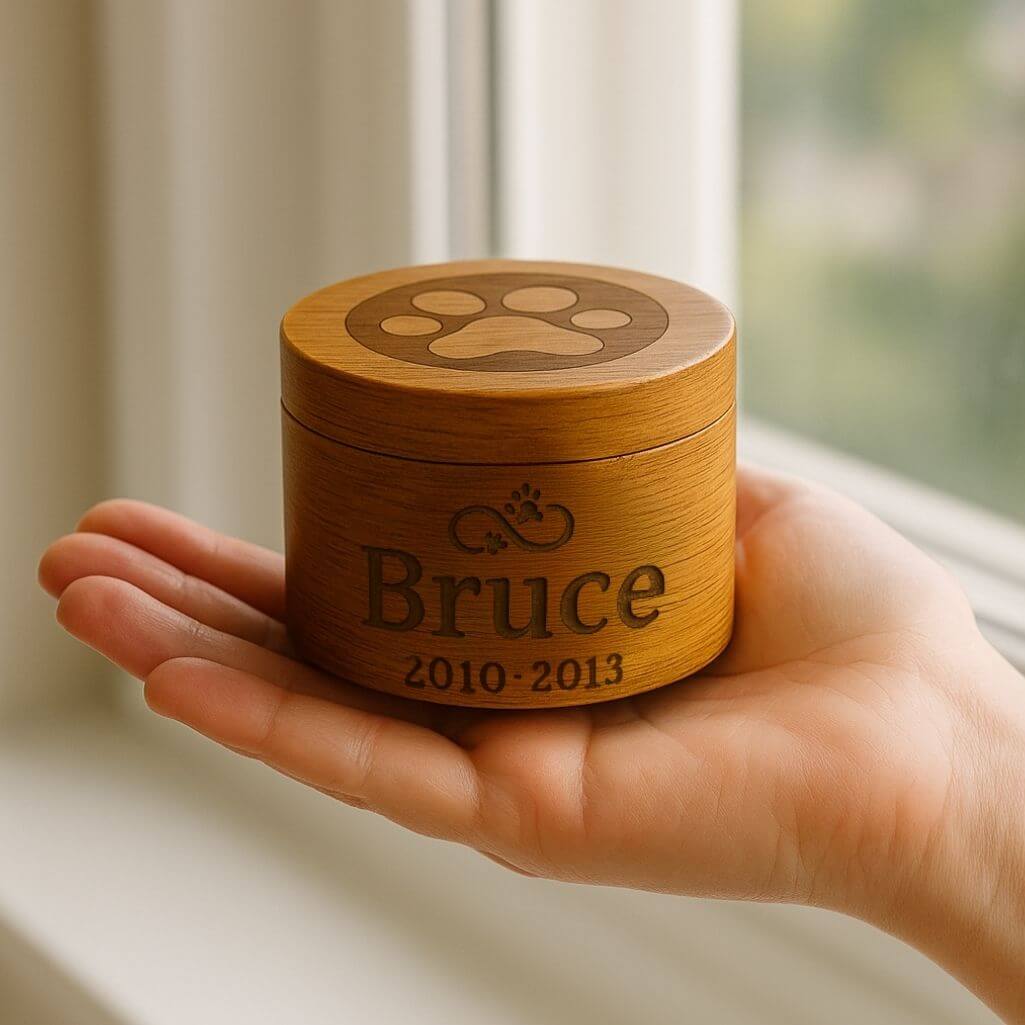 Personalizowana drewniana urna dla psa z symbolem nieskończoności i łapką  – Urna dla zwierząt z wygrawerowanym imieniem i datami