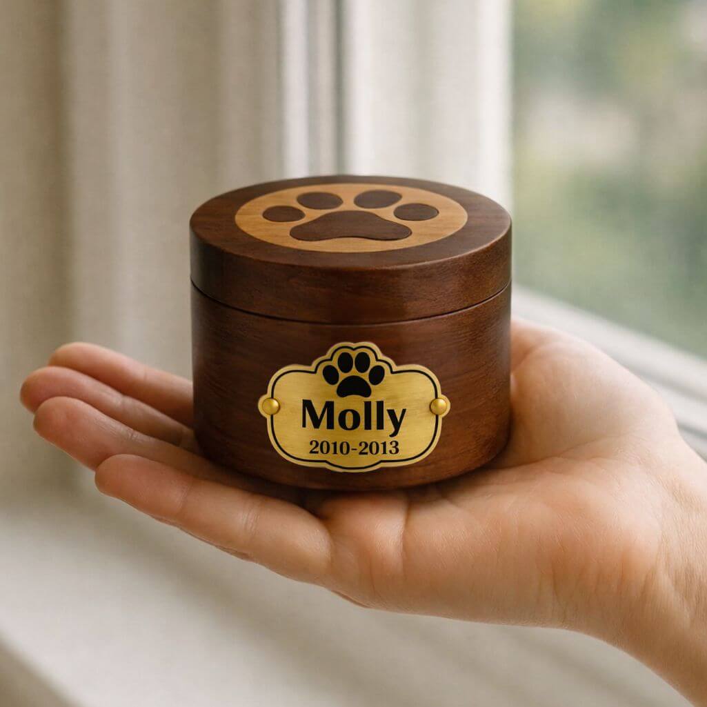 Personalizowana drewniana urna dla psa z aluminiową plakietką – Urna dla zwierząt z wygrawerowanym imieniem i datami