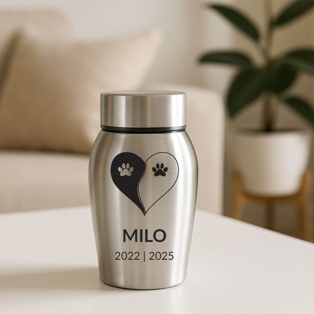 Personalizowana urna dla psa ze stali nierdzewnej z imieniem, datami i motywem łapek Yin Yang