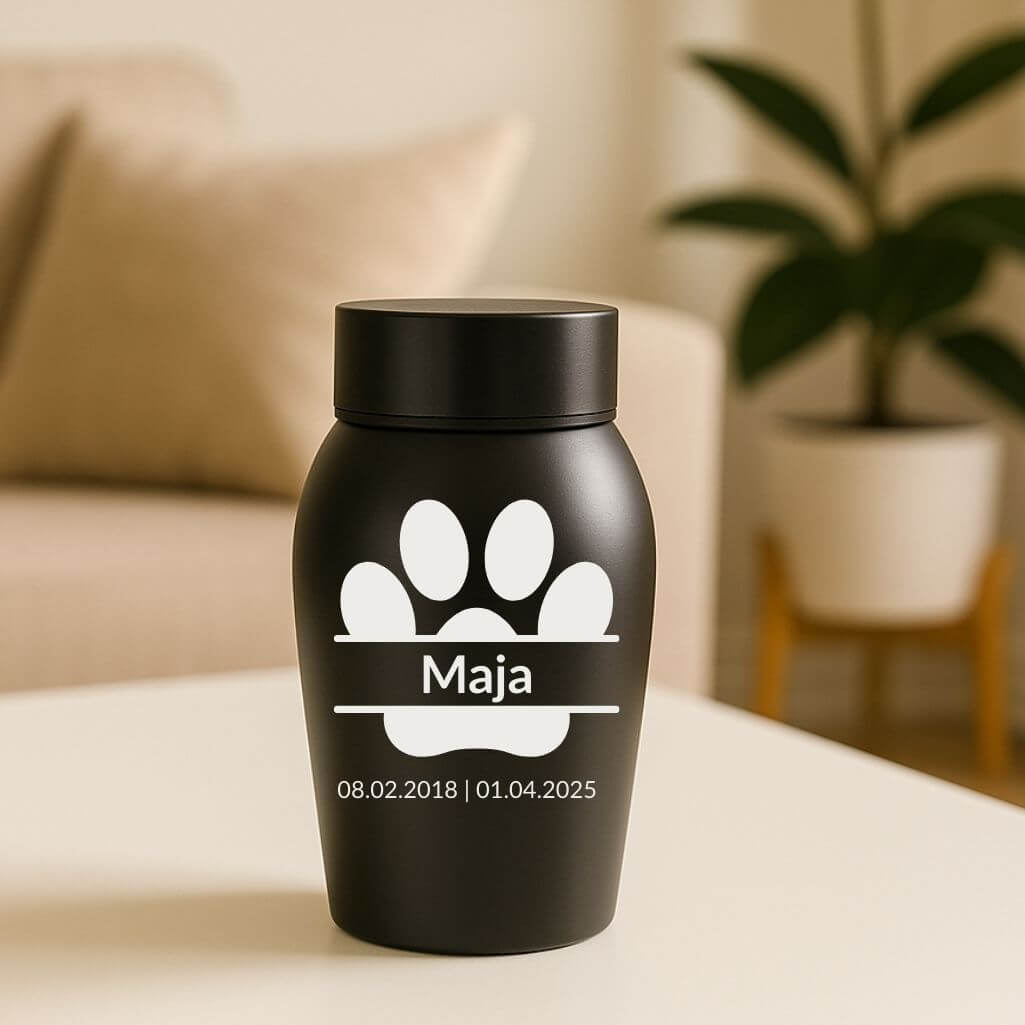 Personalizowana urna dla psa ze stali nierdzewnej z imieniem, datami i drukowaną łapką