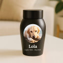 Personalizowana urna dla psa ze stali nierdzewnej z imieniem, datami i zdjęciem w okrągłej ramce
