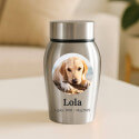 Personalizowana urna dla psa ze stali nierdzewnej z imieniem, datami i zdjęciem w okrągłej ramce