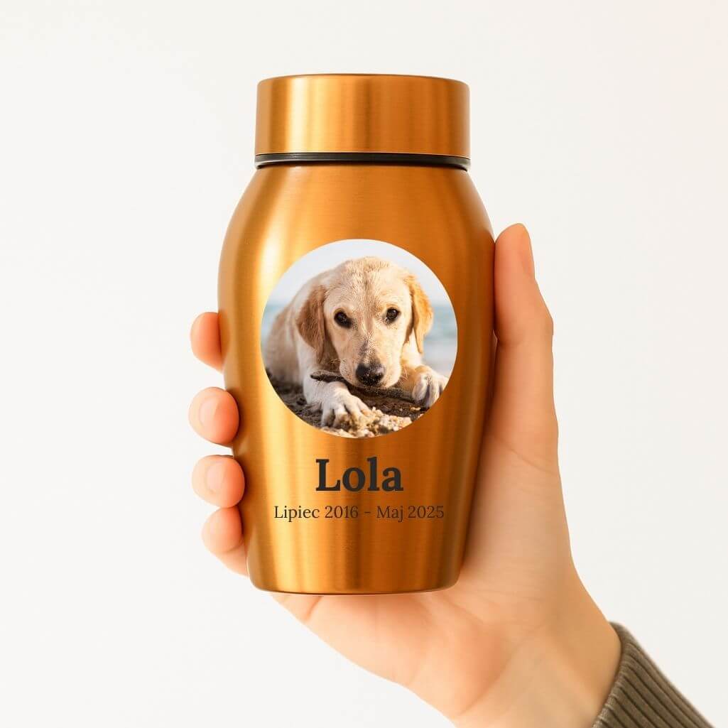 Personalizowana urna dla psa ze stali nierdzewnej z imieniem, datami i zdjęciem w okrągłej ramce
