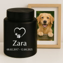 Personalizowana cylindryczna urna dla psa ze stali nierdzewnej z ikoną łapek i serca, imieniem i datami