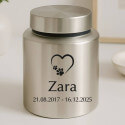 Personalizowana cylindryczna urna dla psa ze stali nierdzewnej z ikoną łapek i serca, imieniem i datami