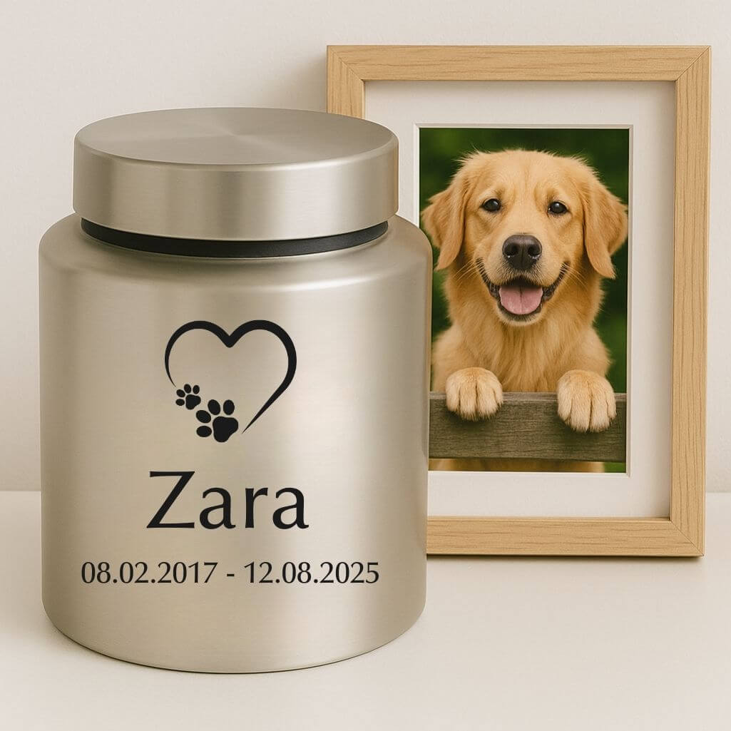 Personalizowana cylindryczna urna dla psa ze stali nierdzewnej z ikoną łapek i serca, imieniem i datami