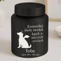 Personalizowana cylindryczna urna dla psa ze stali nierdzewnej z motywem psa aniołka, imieniem, datami i dedykacją