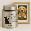 Personalizowana cylindryczna urna dla psa ze stali nierdzewnej z motywem psa aniołka, imieniem, datami i dedykacją