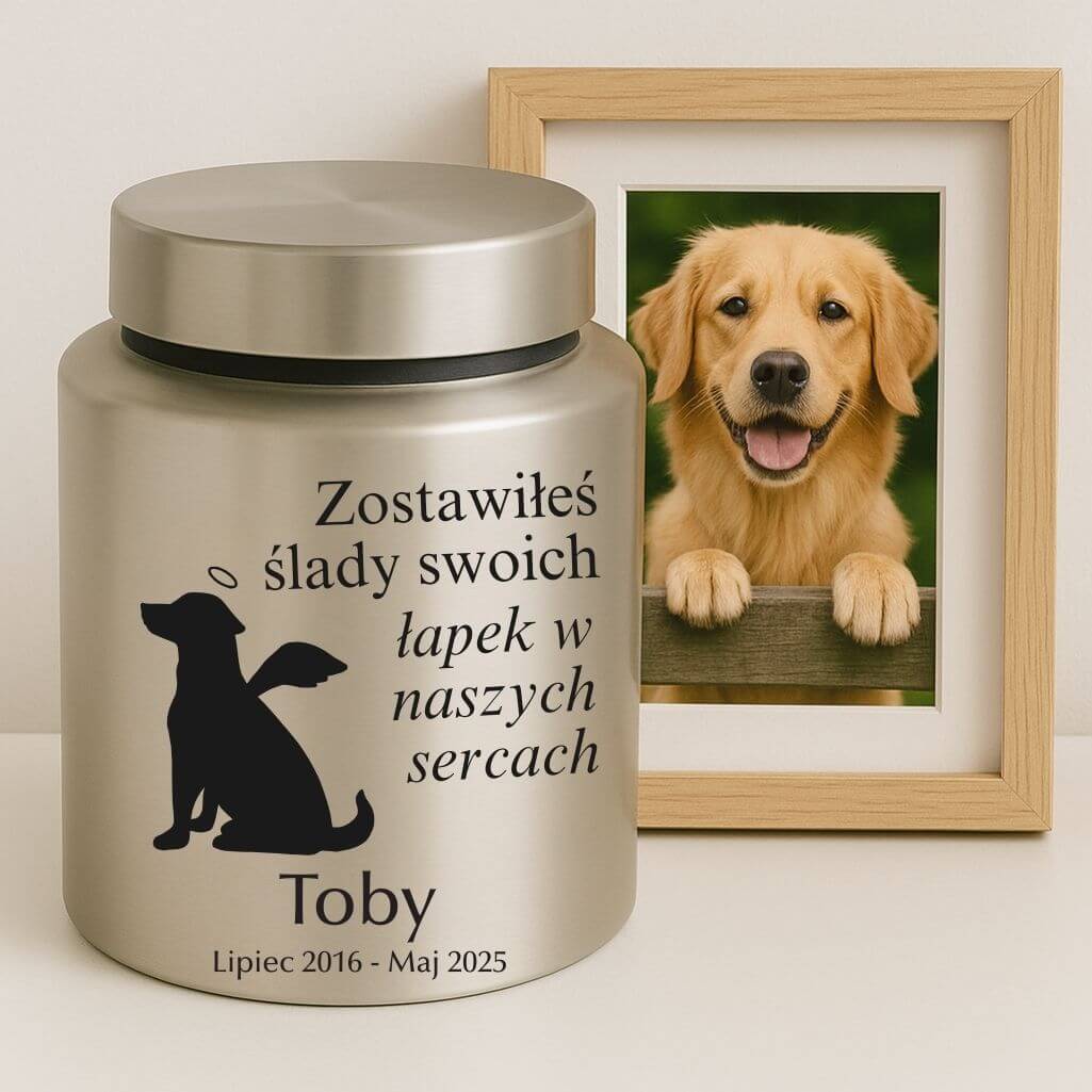 Personalizowana cylindryczna urna dla psa ze stali nierdzewnej z motywem psa aniołka, imieniem, datami i dedykacją