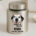 Personalizowana cylindryczna urna dla psa ze stali nierdzewnej ze zdjęciem, imieniem i datami