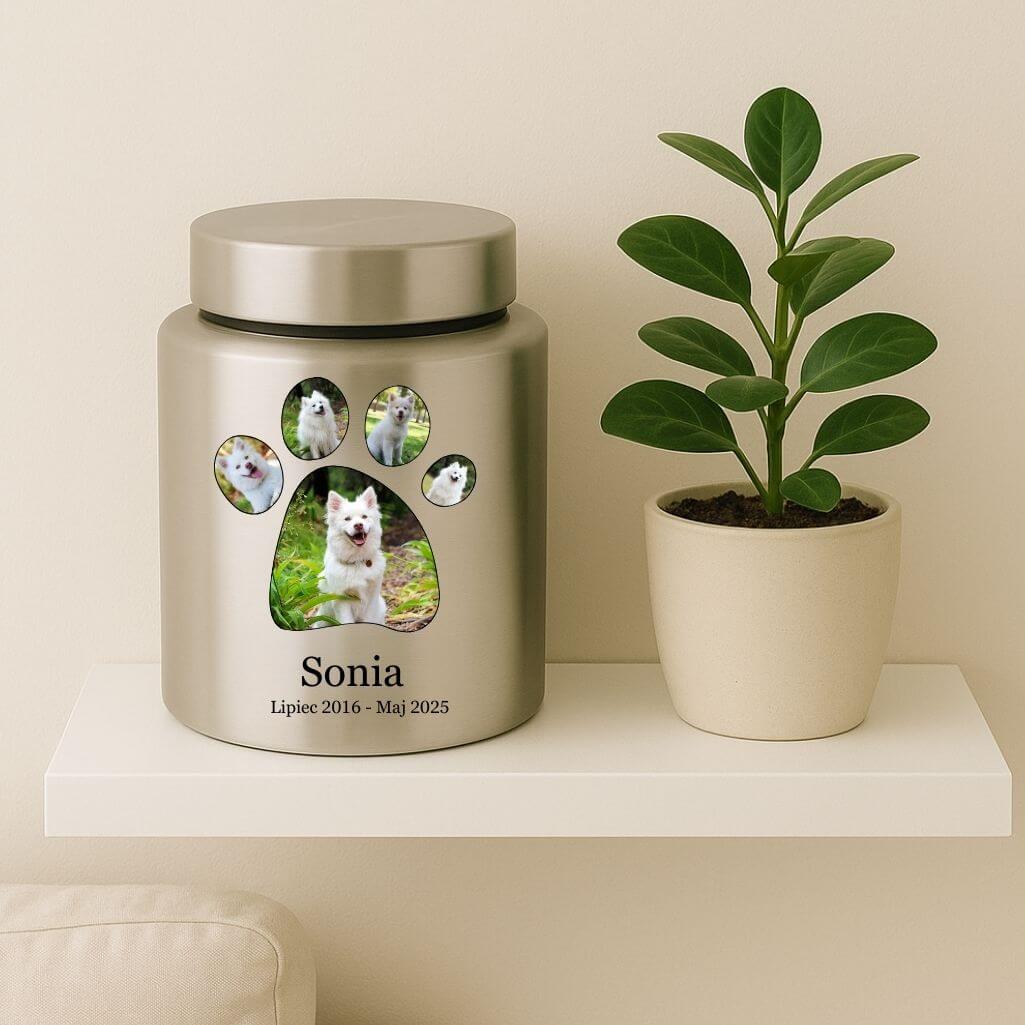 Personalizowana cylindryczna urna dla psa ze stali nierdzewnej ze zdjęciem, ramką w kształcie łapki, imieniem i datami