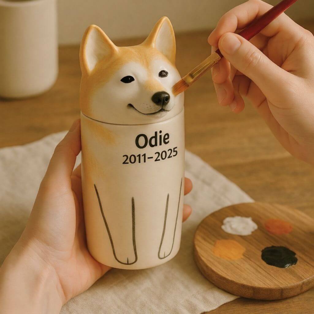 Personalizowana ceramiczna urna dla psa w kształcie jego rasy – Wyjątkowa urna pamiątkowa z malowanym portretem i otwartymi oczami