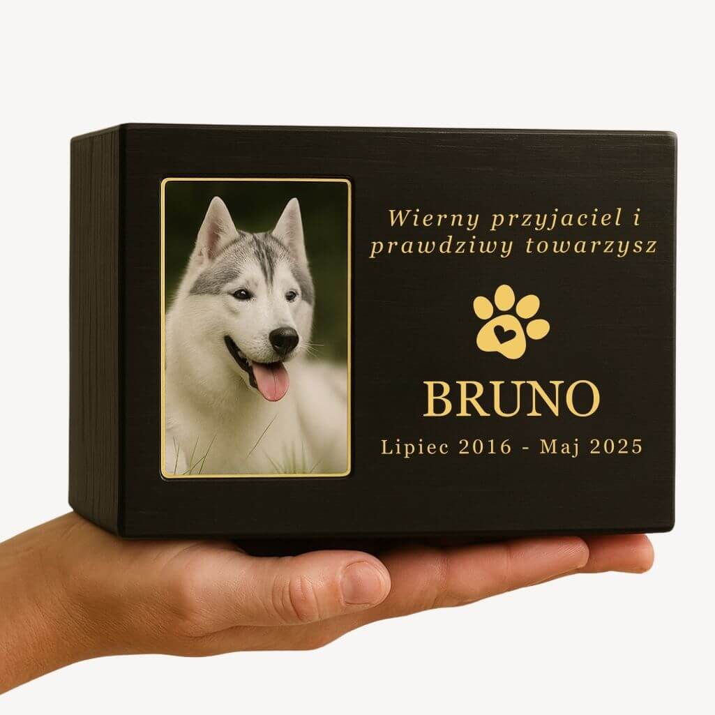 Personalizowana czarna drewniana urna dla psa ze zdjęciem – Niestandardowa urna pamiątkowa z imieniem, datami i dedykacją