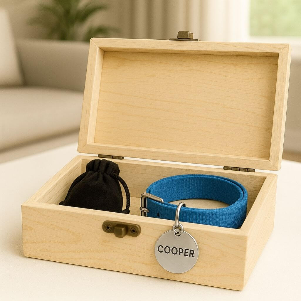 Personalizowana jasna drewniana urna dla psa ze zdjęciem – Niestandardowa urna pamiątkowa z dedykacją, imieniem i datami