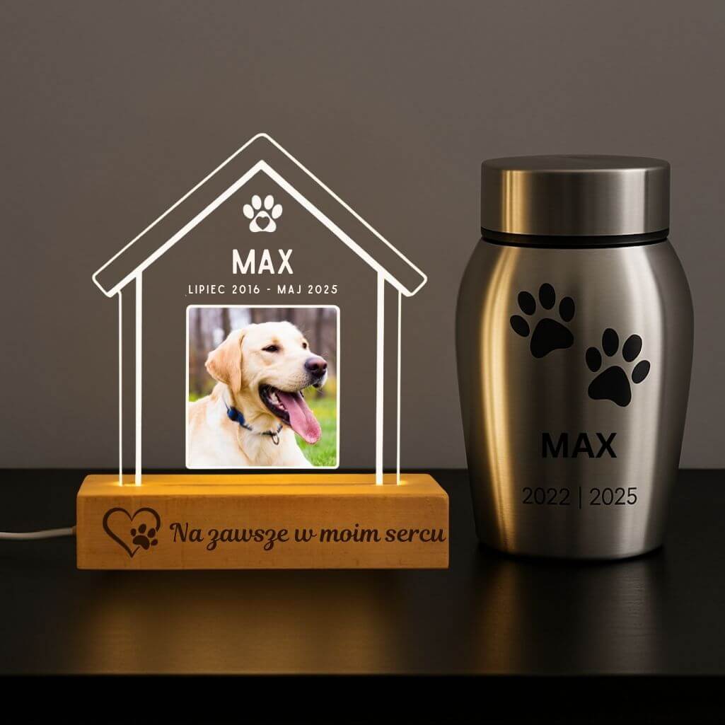 Tablica pamiątkowa dla psa ze zdjęciem – Lampa LED w kształcie domu z imieniem i datami na akrylowej tabliczce