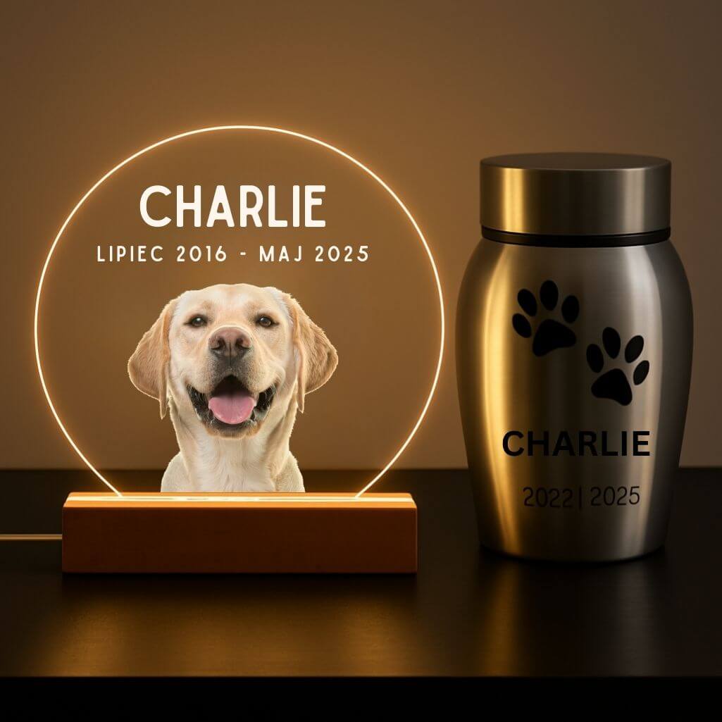 Tablica pamiątkowa dla psa ze zdjęciem – Okrągła lampa LED z imieniem i datami na akrylowej tabliczce