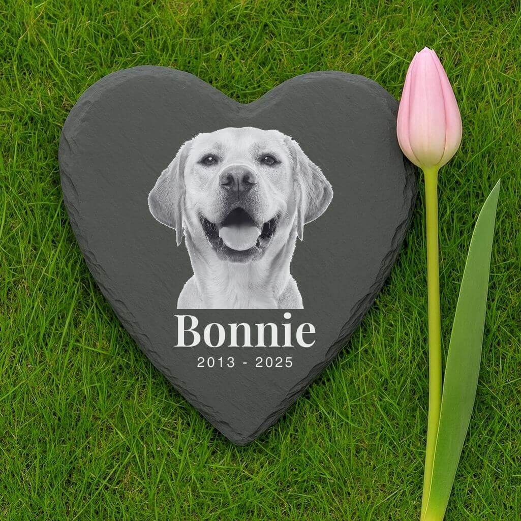 Kamień pamięci dla psa ze zdjęciem w kształcie serca – Tabliczka pamiątkowa dla psa z łupka do ogrodu z imieniem i datami