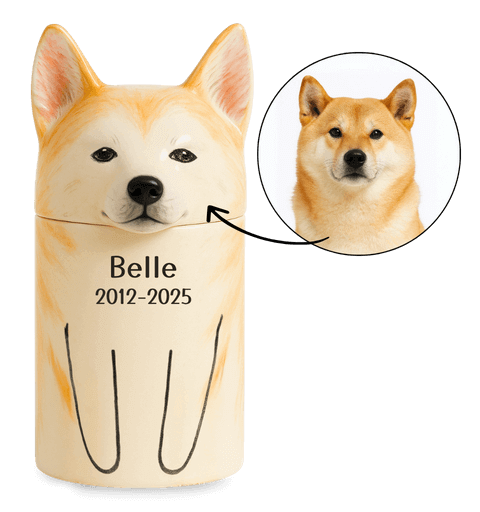 Personalizowana ceramiczna urna dla psa w kształcie jego rasy – Wyjątkowa urna pamiątkowa z malowanym portretem i otwartymi oczami